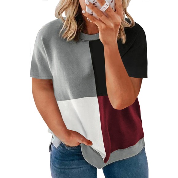WINE RED WHITE GRAY BLACK CREW NECK COLOR BLOCK TOP SIZE 1X 14-16 - Picture 4 of 9